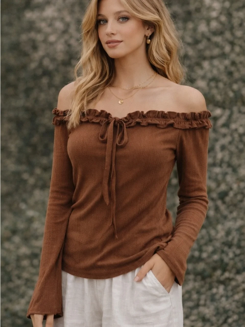 PrettyGarden Brown Off Shoulder Ribbed Top XL Boho Long Sleeve Tie Neck - Picture 1 of 6